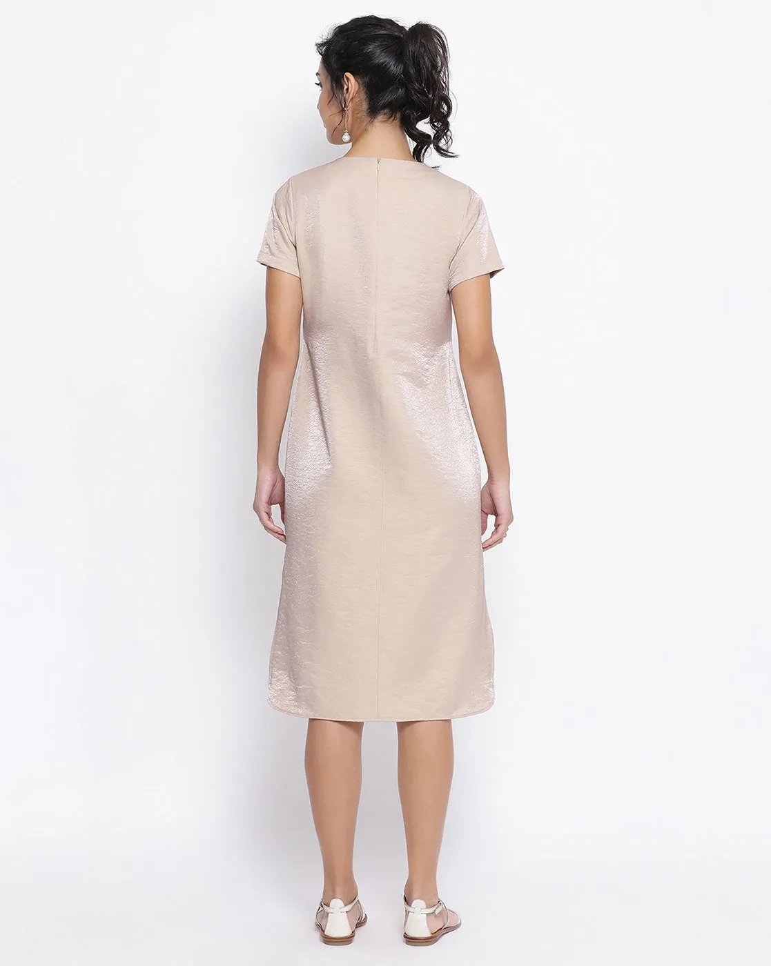 Beige Long Dress With Sequence Pocket