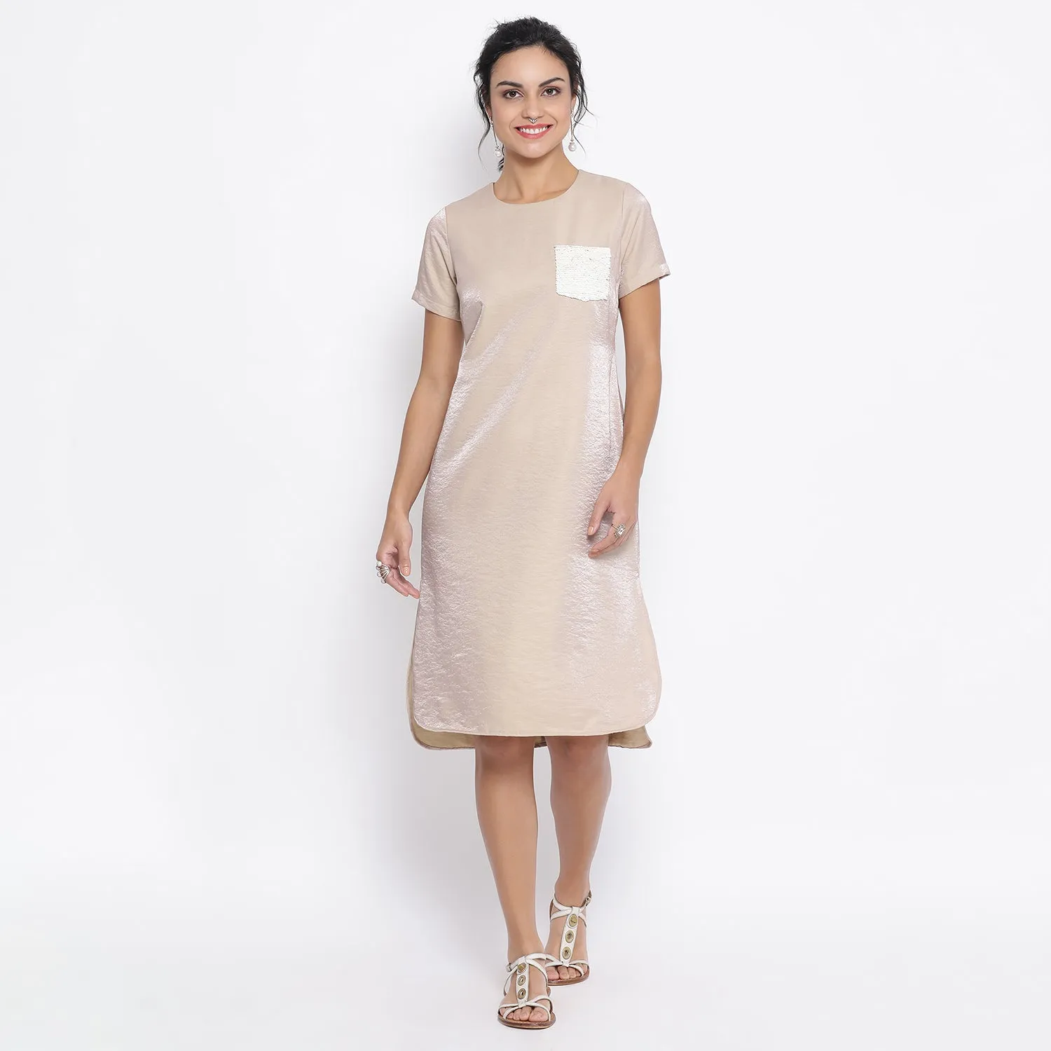 Beige Long Dress With Sequence Pocket