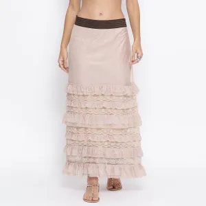 Beige Net Skirt With Brown Elastic And Frills