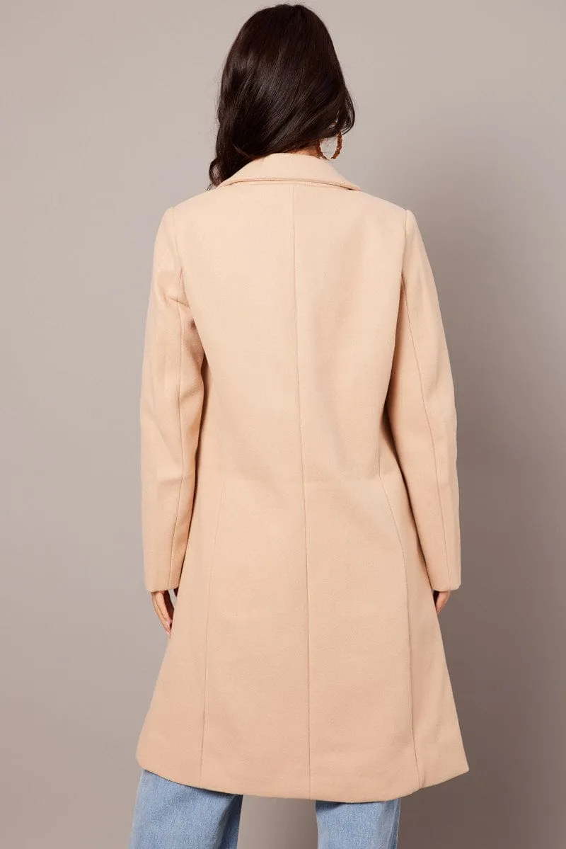 Beige One Button Coat Knee Length