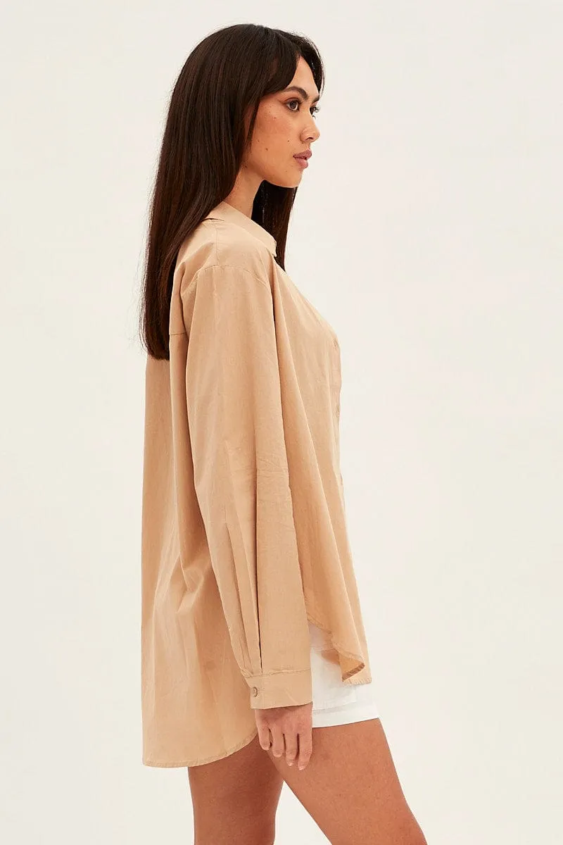 Beige Oversized Shirt Long Sleeve Button Front