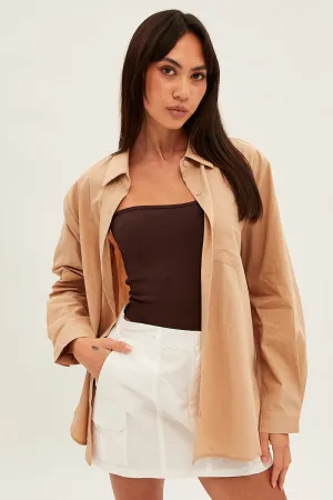 Beige Oversized Shirt Long Sleeve Button Front