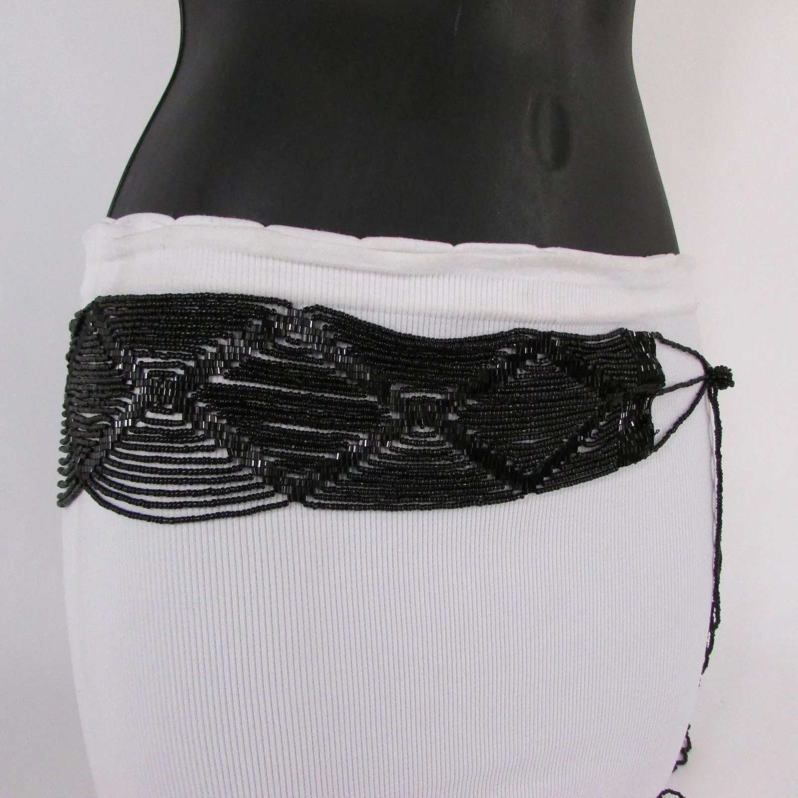 Belt Black Beads Wide Waistband Tie Wrap Around Waist Hip M L XL