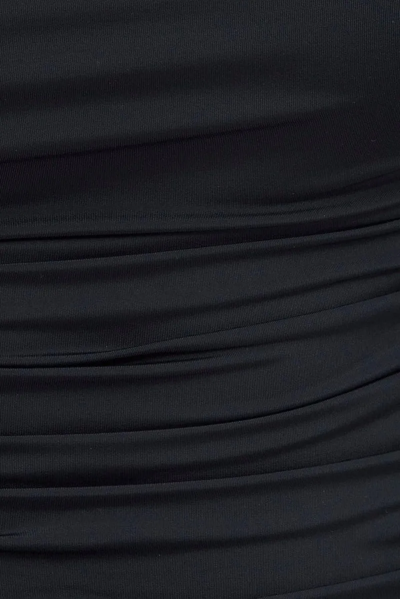 Black Bodysuit Long Sleeve Square Neck Ruched Nylon