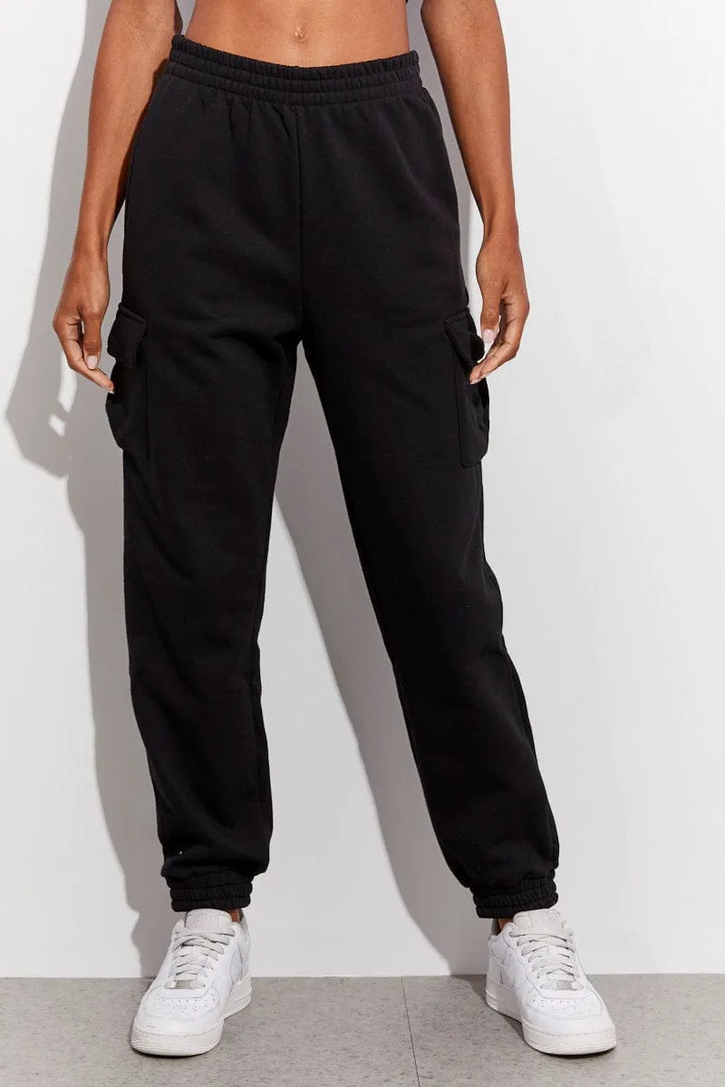 Black Cargo Track Pants High Rise