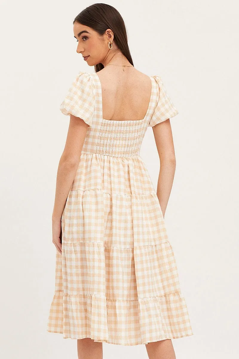 Black Check Midi Dress Short Sleeve Evening