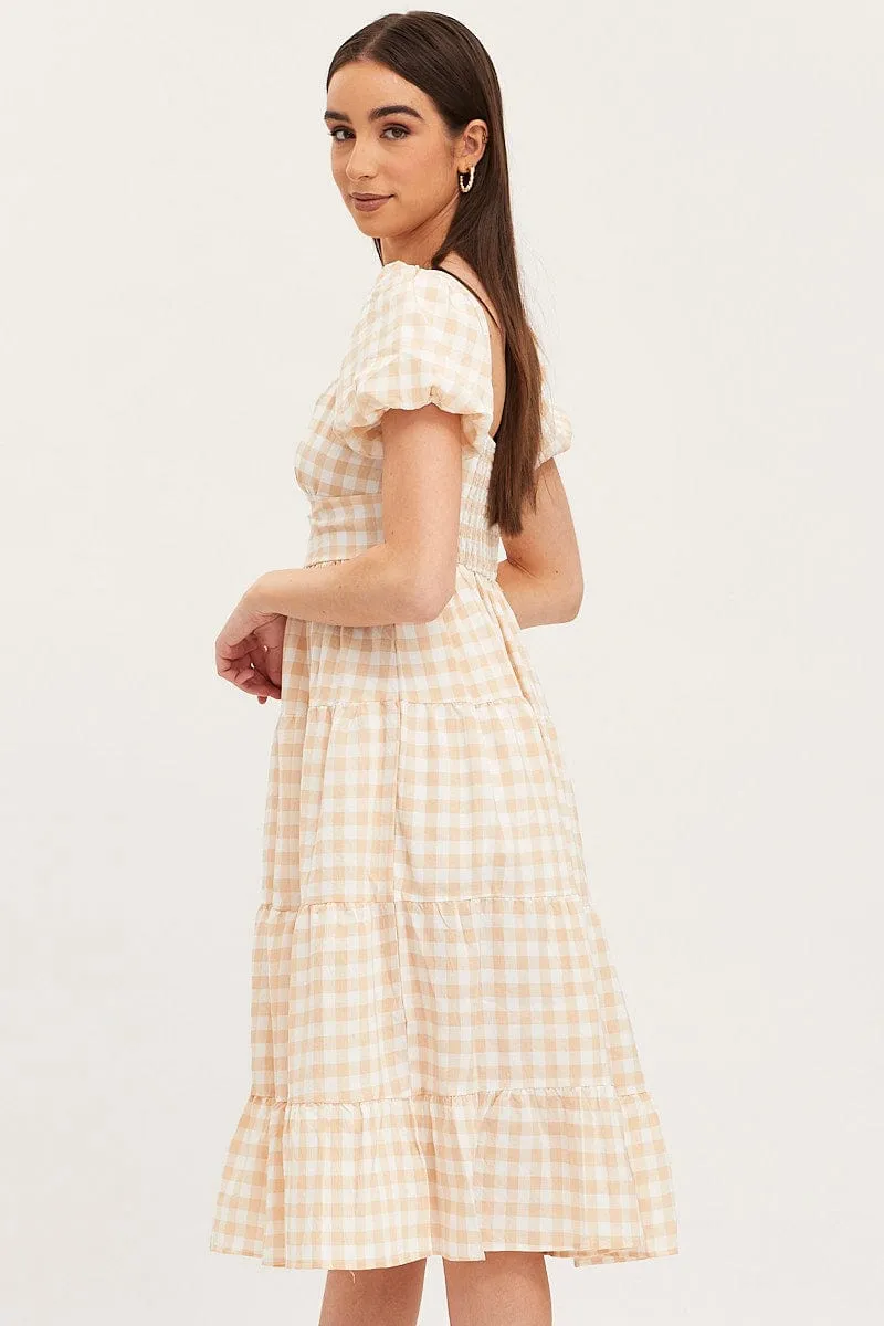 Black Check Midi Dress Short Sleeve Evening
