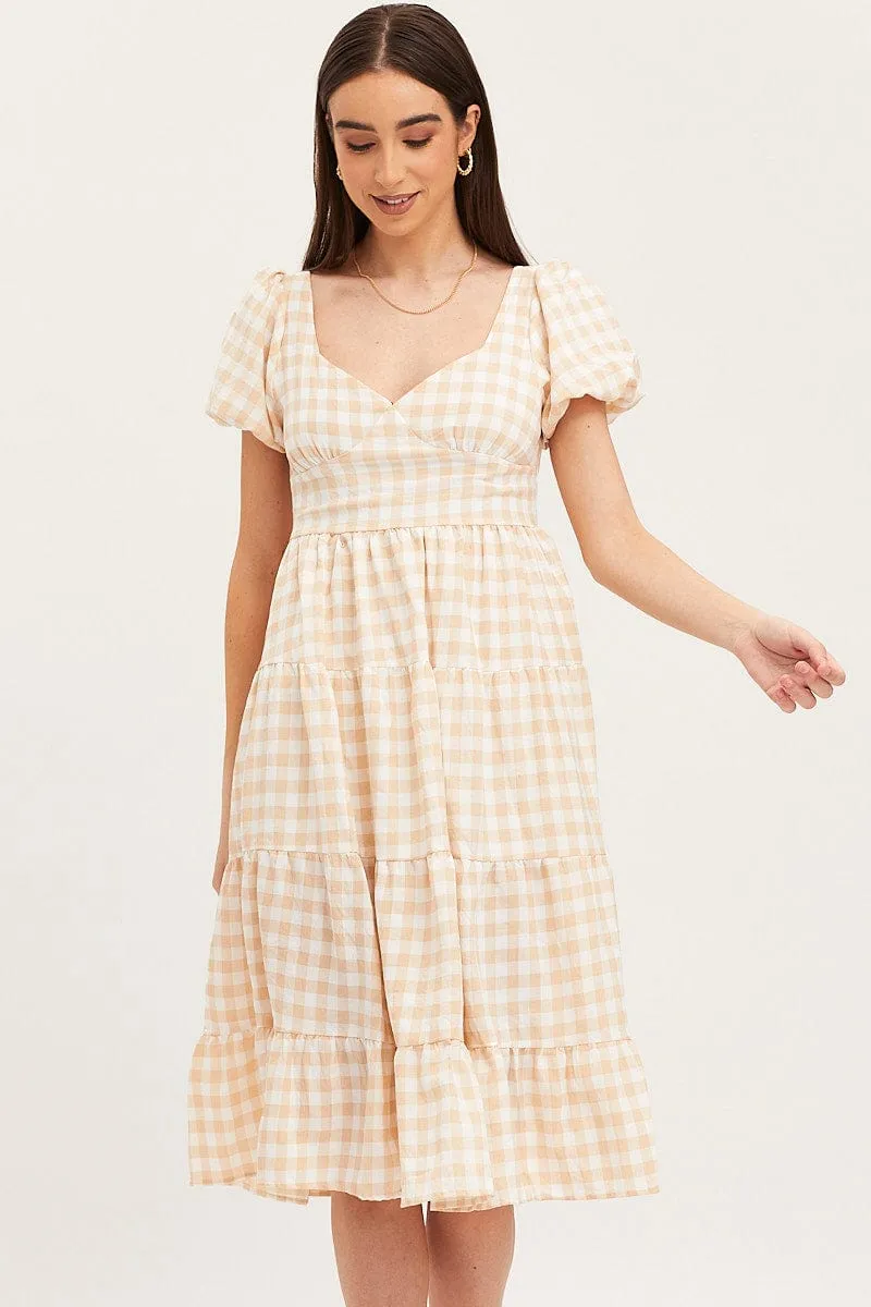 Black Check Midi Dress Short Sleeve Evening