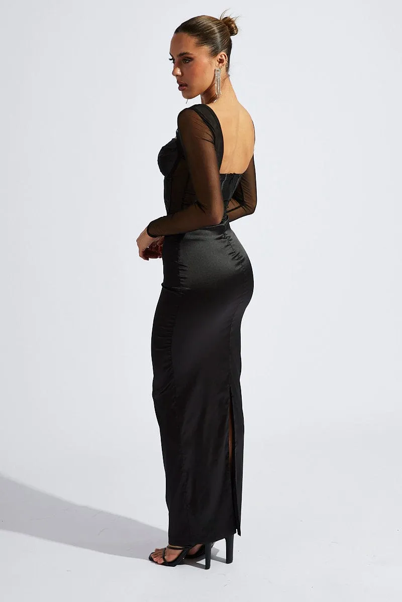 Black Corset Maxi Dress Long Sleeve Mesh