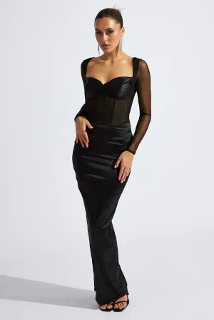 Black Corset Maxi Dress Long Sleeve Mesh