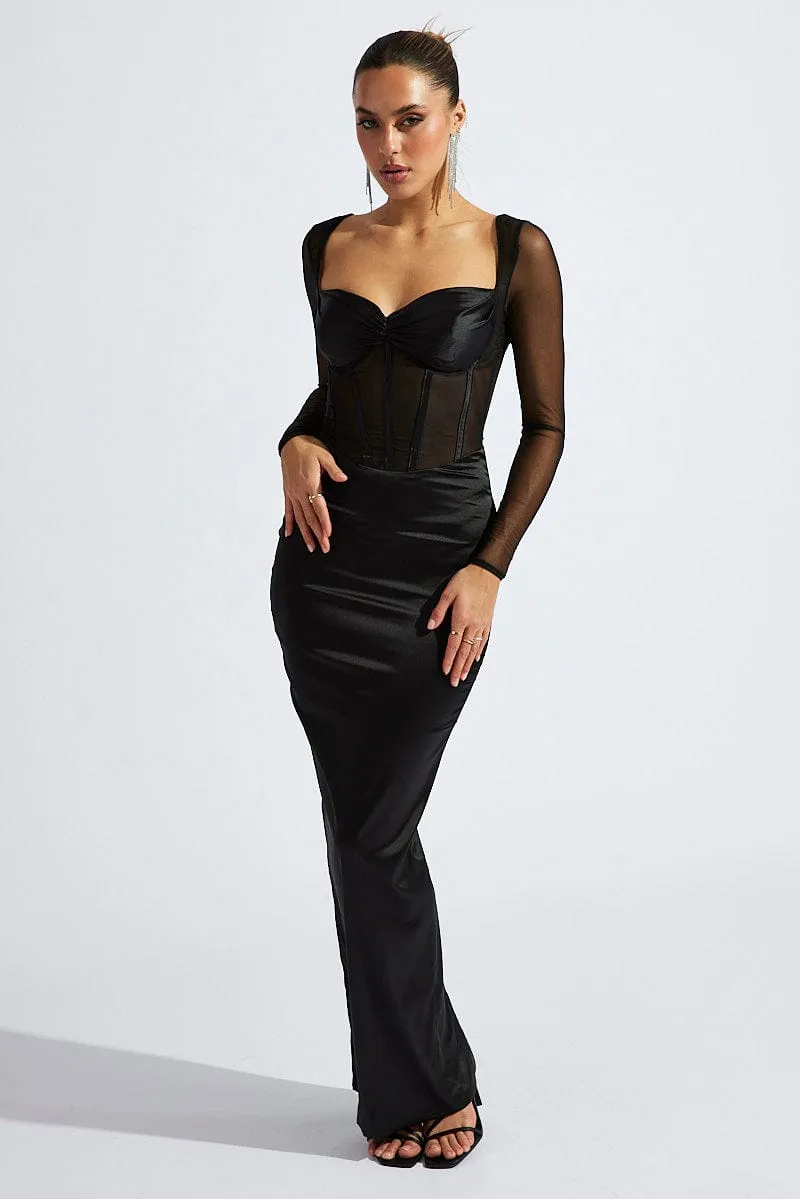 Black Corset Maxi Dress Long Sleeve Mesh