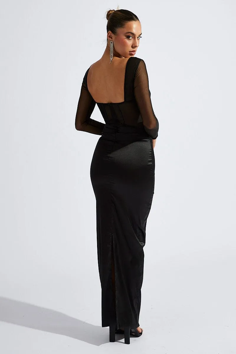 Black Corset Maxi Dress Long Sleeve Mesh