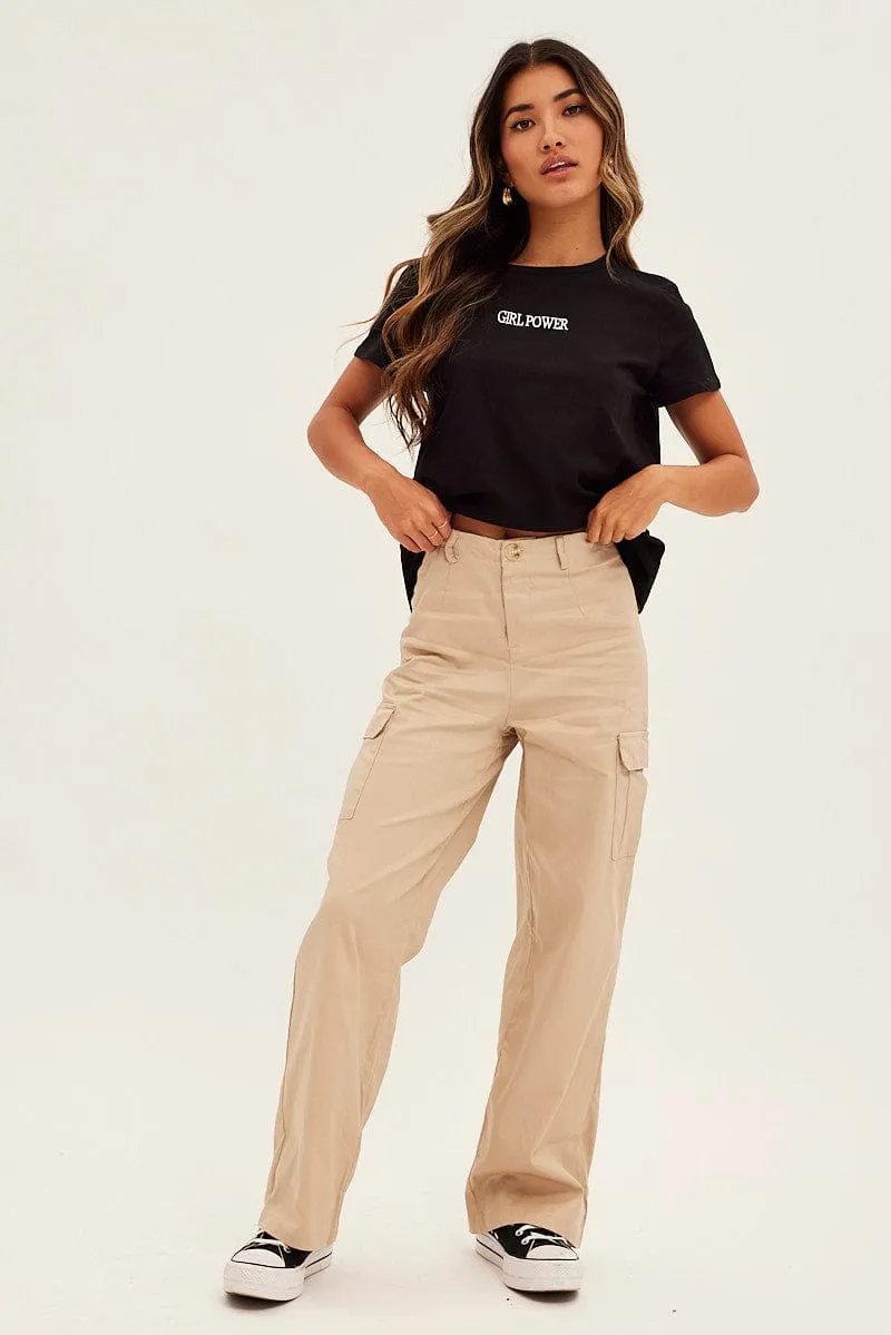 Black Embroidered Slogan Girl Power T-Shirt