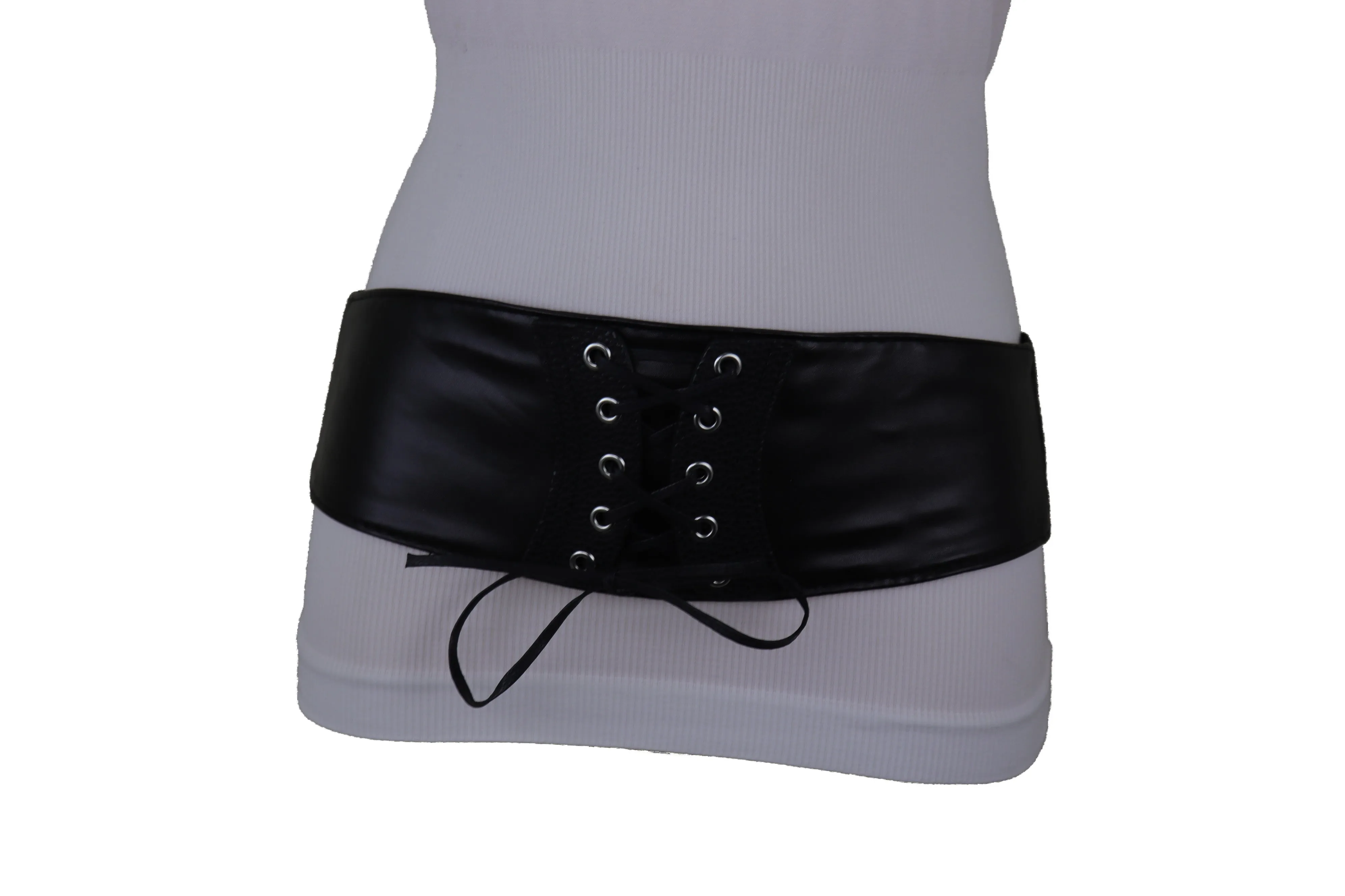 Black Faux Leather Elastic Corset Fashion Tie Belt Hip High Waist Size S M