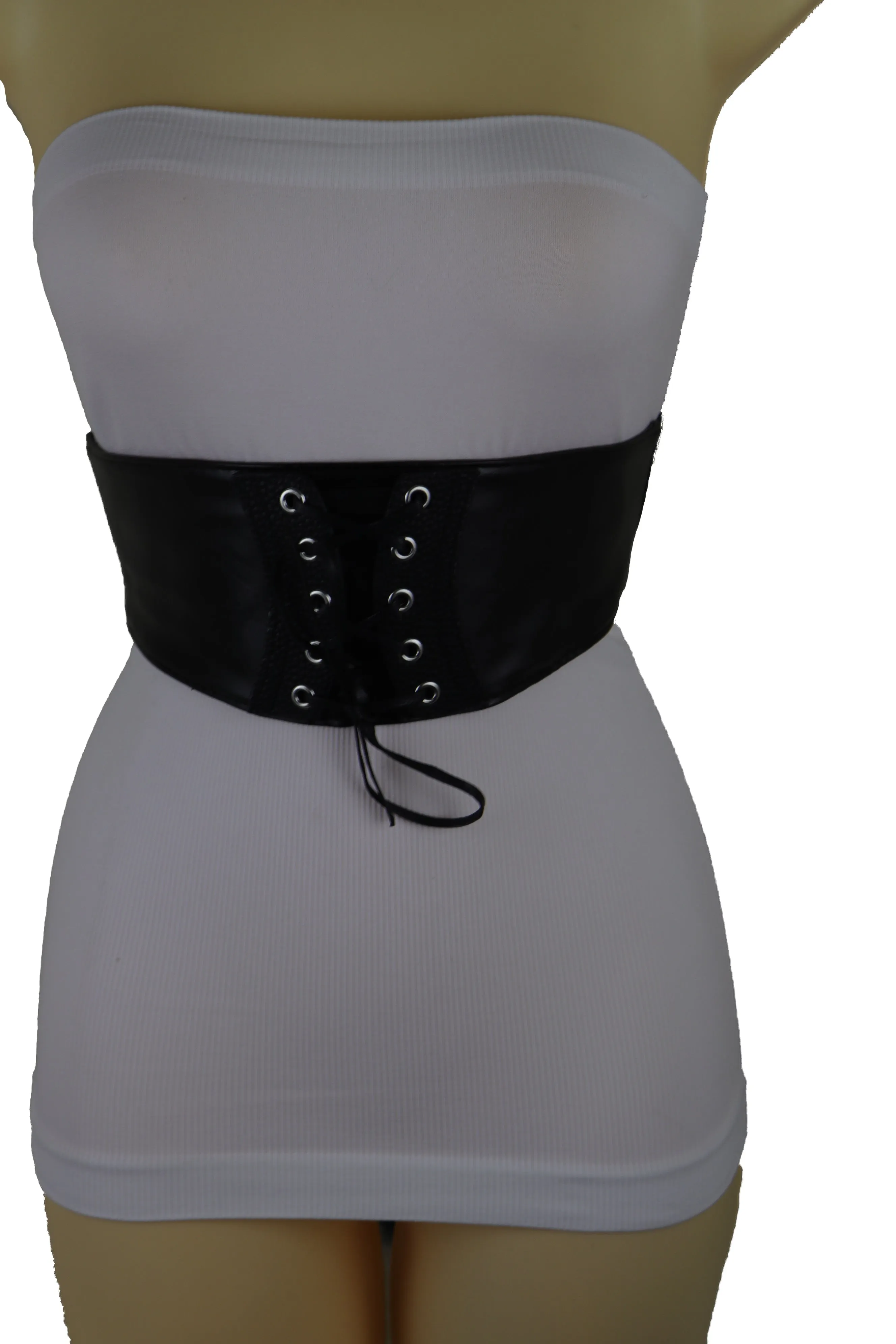 Black Faux Leather Elastic Corset Fashion Tie Belt Hip High Waist Size S M
