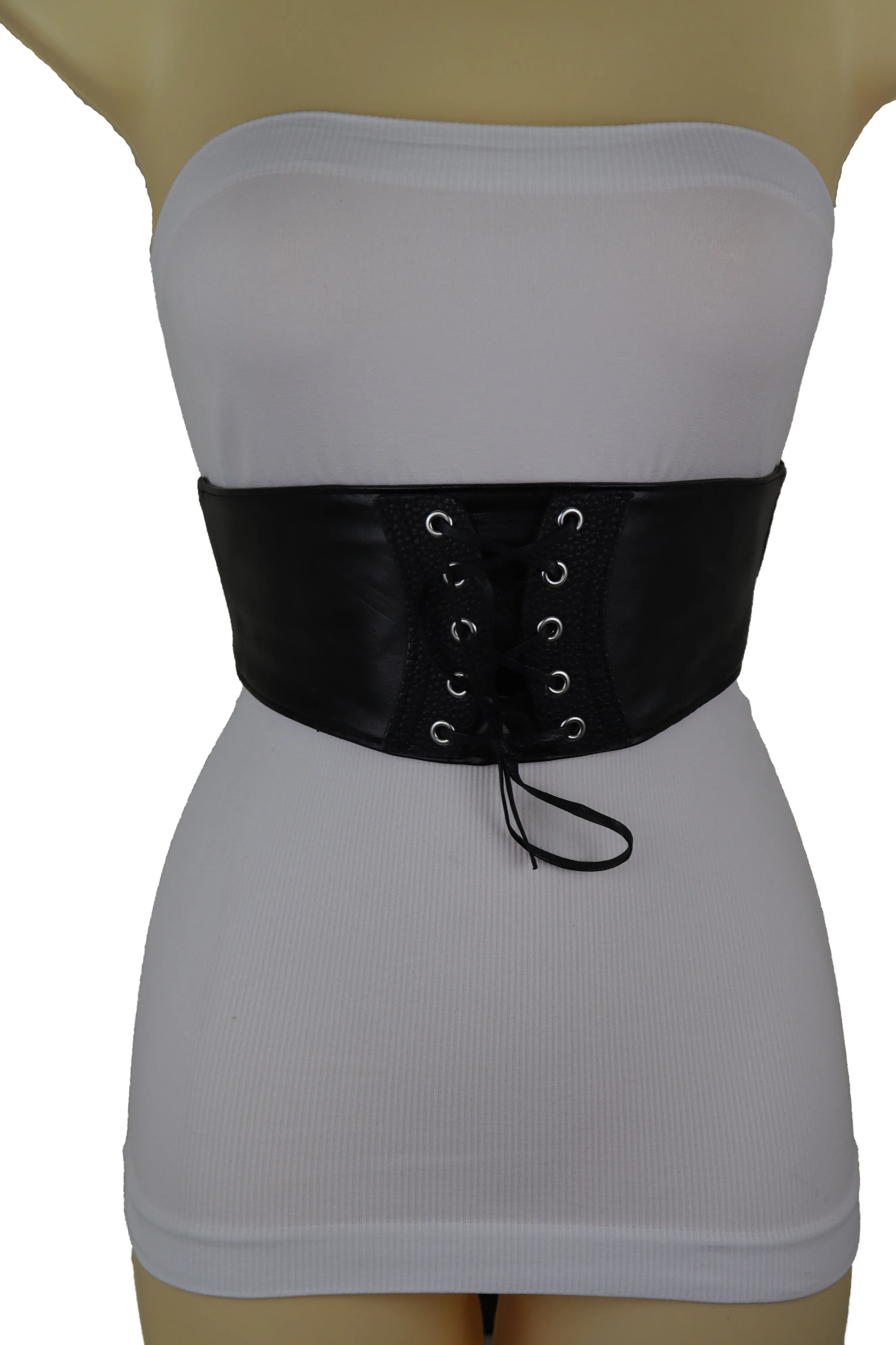 Black Faux Leather Elastic Corset Fashion Tie Belt Hip High Waist Size S M