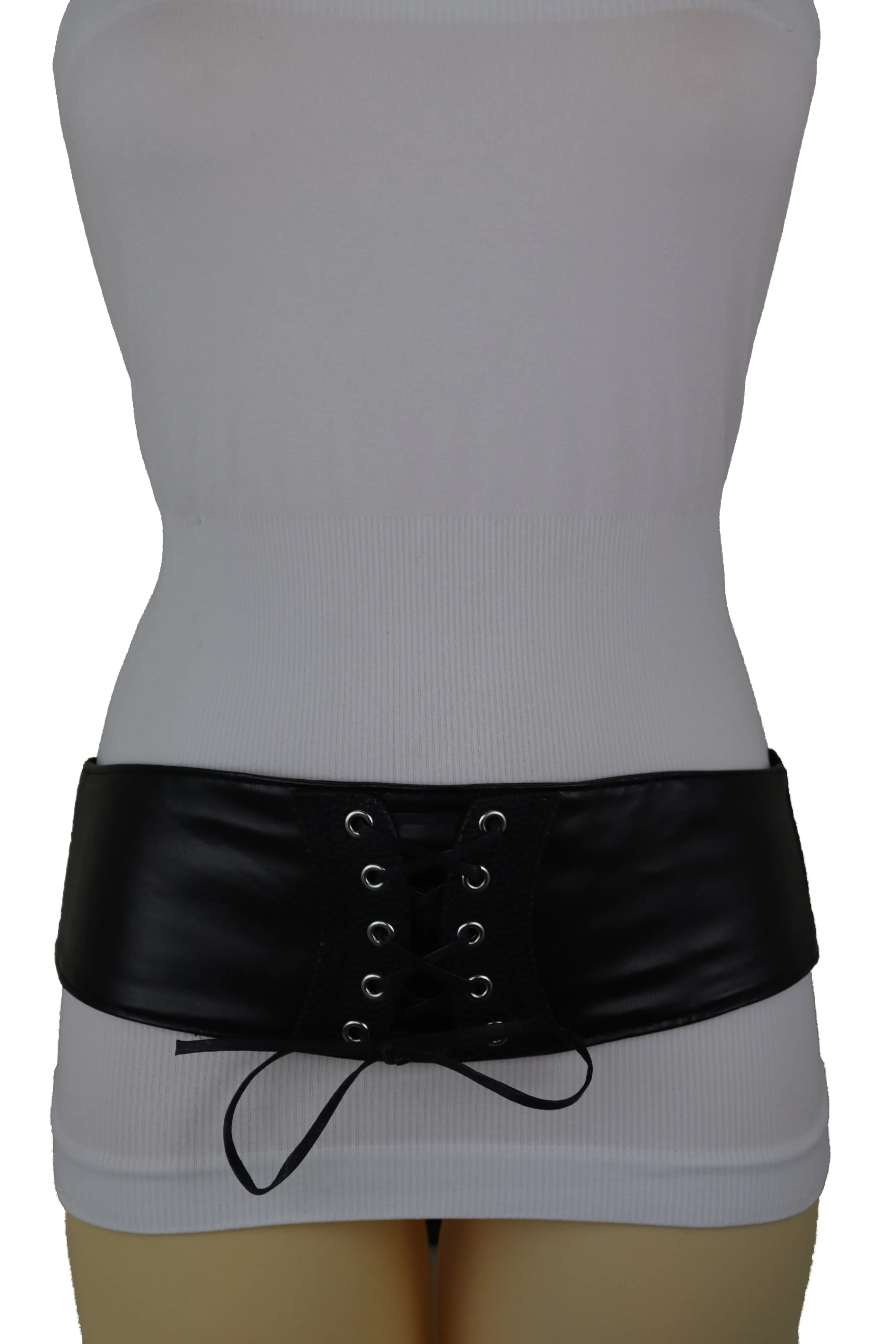 Black Faux Leather Elastic Corset Fashion Tie Belt Hip High Waist Size S M