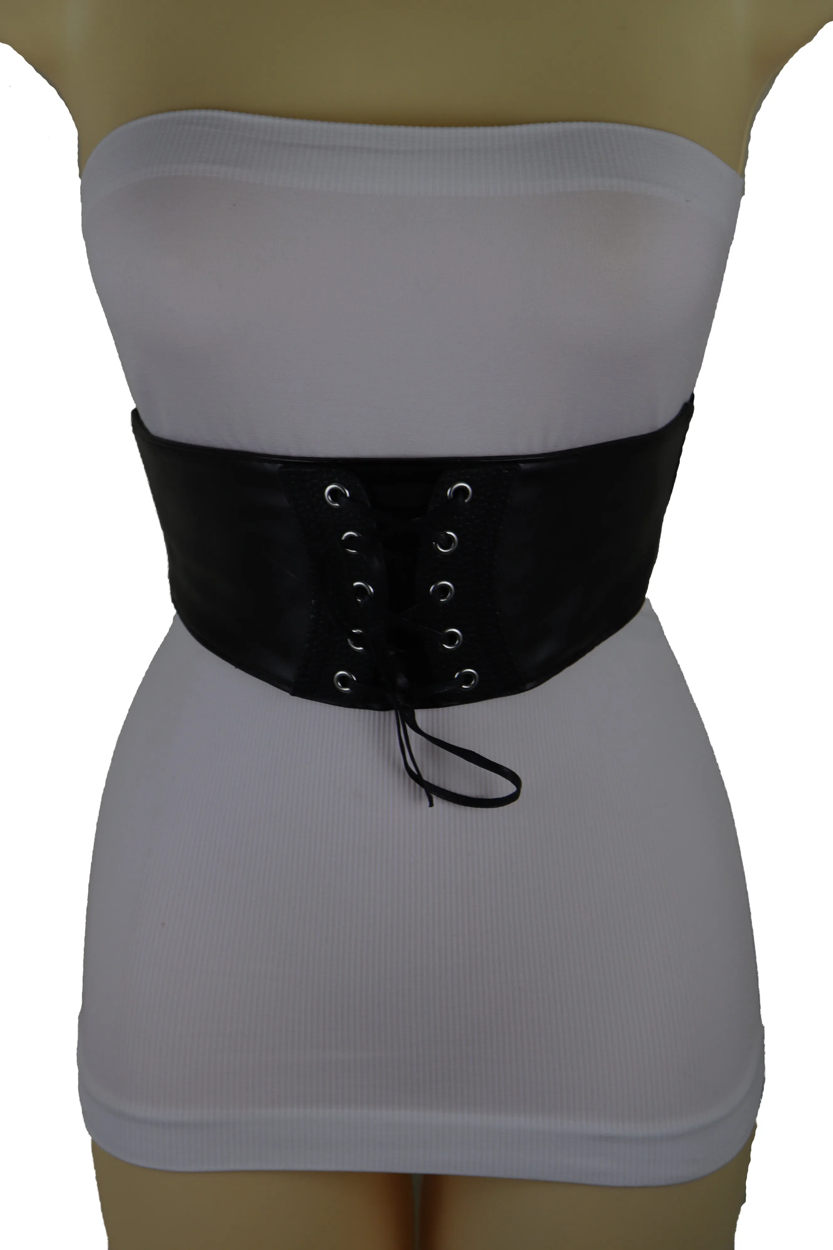 Black Faux Leather Elastic Corset Fashion Tie Belt Hip High Waist Size S M