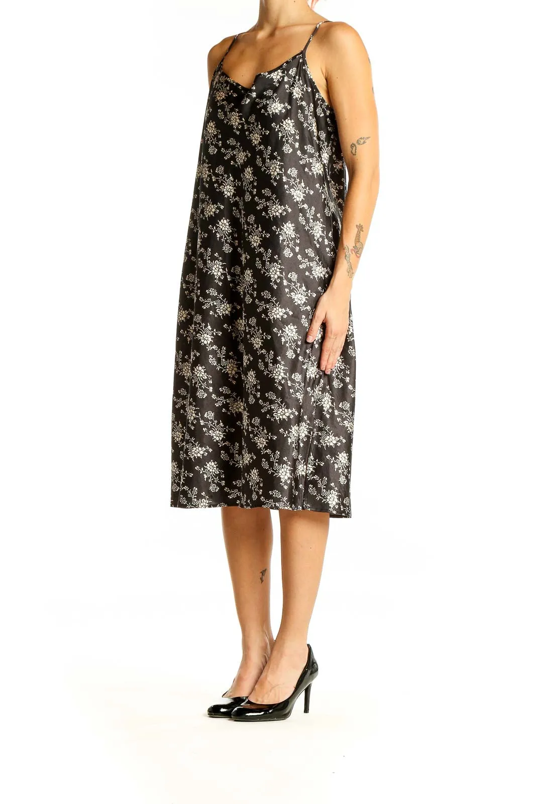 Black Floral Print Slip Dress