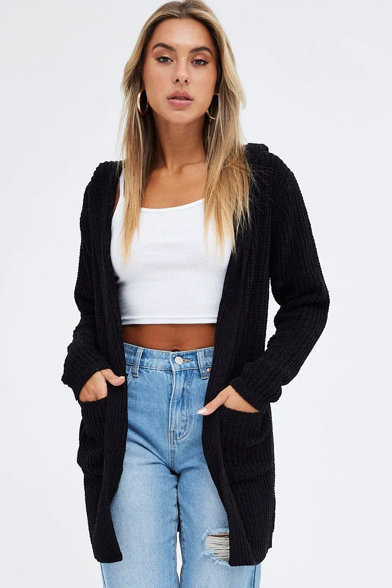 Black Knit Cardigan Hooded Chenille