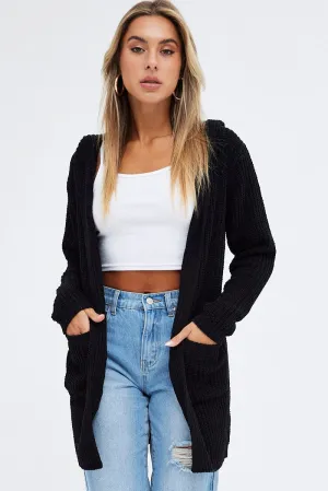 Black Knit Cardigan Hooded Chenille