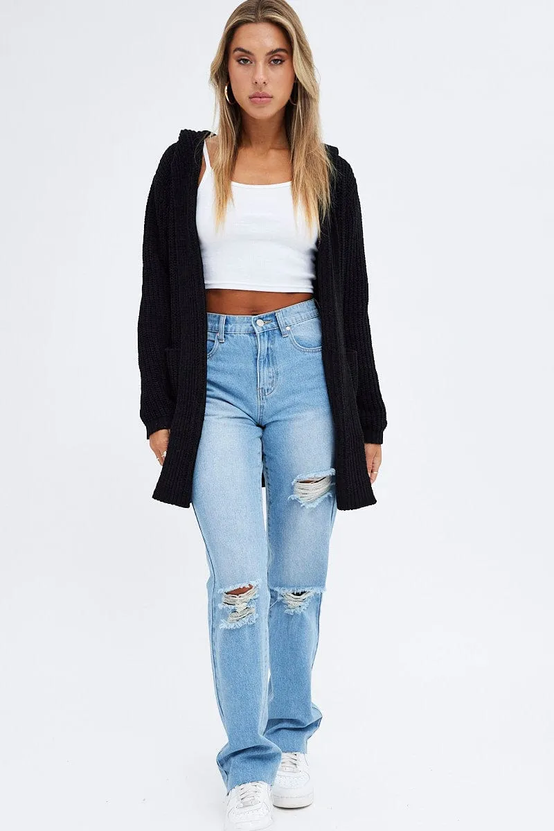 Black Knit Cardigan Hooded Chenille