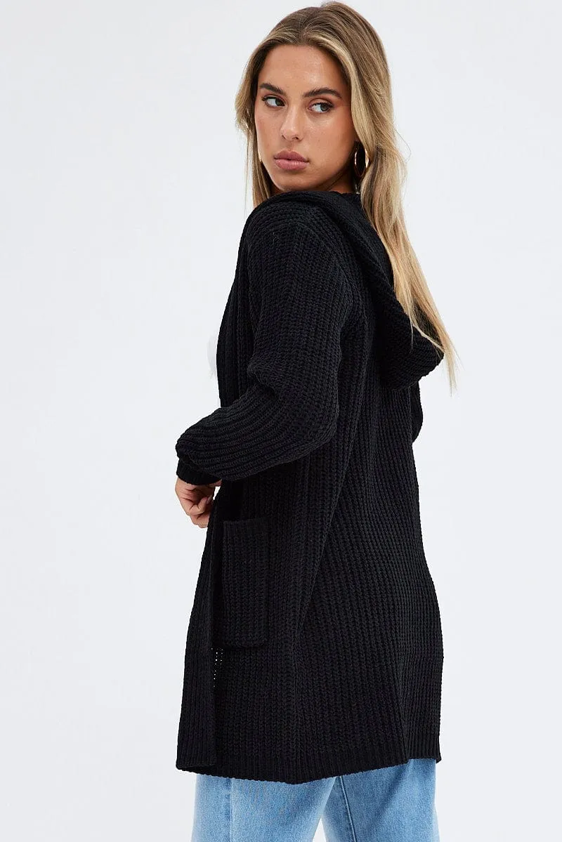 Black Knit Cardigan Hooded Chenille
