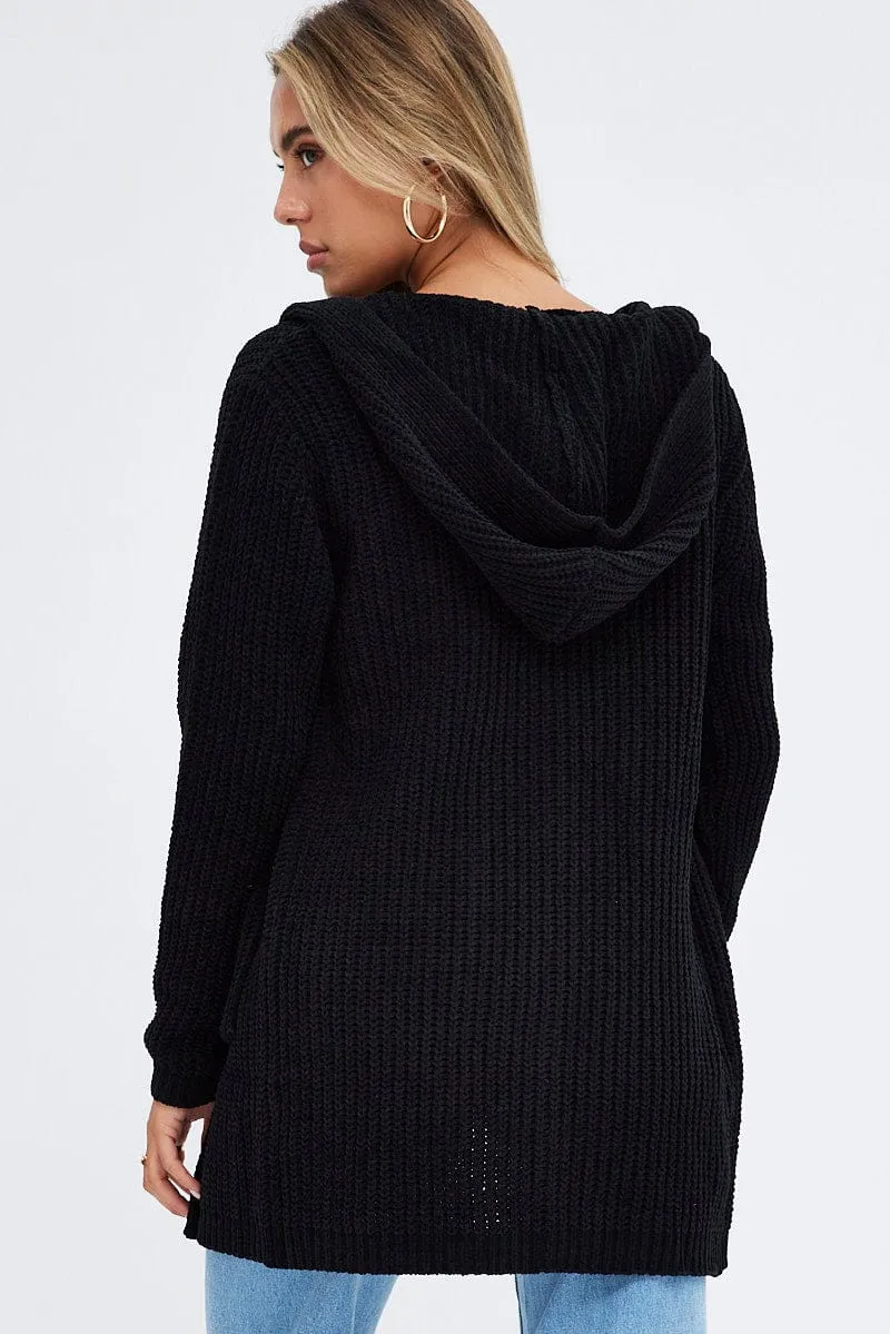 Black Knit Cardigan Hooded Chenille