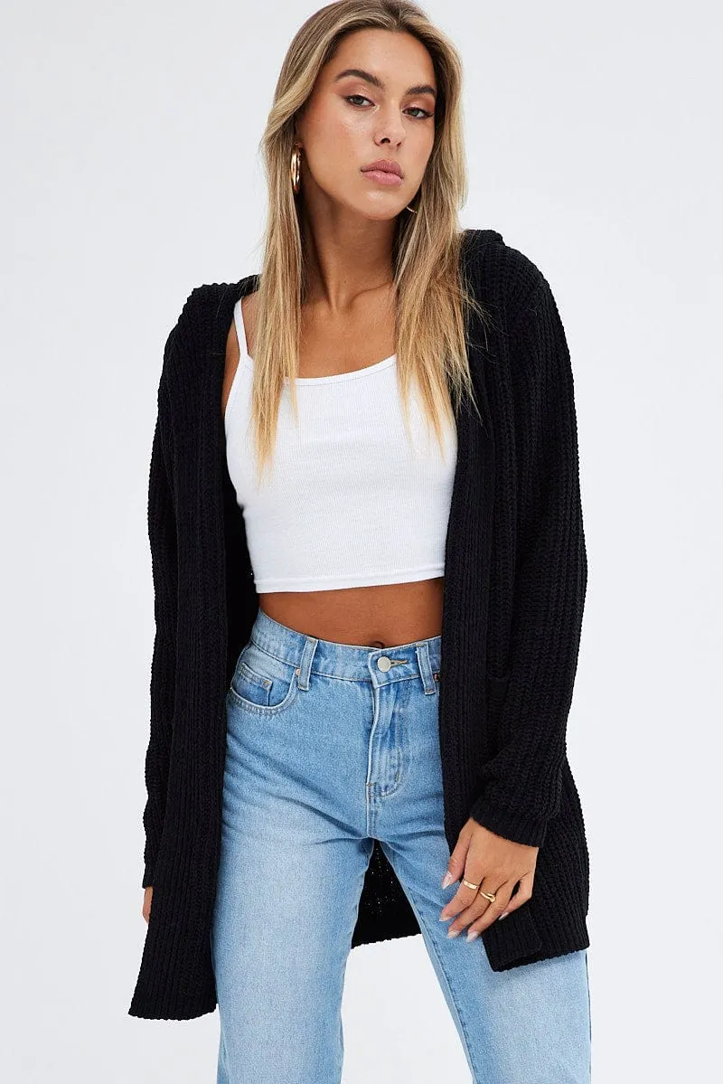 Black Knit Cardigan Hooded Chenille