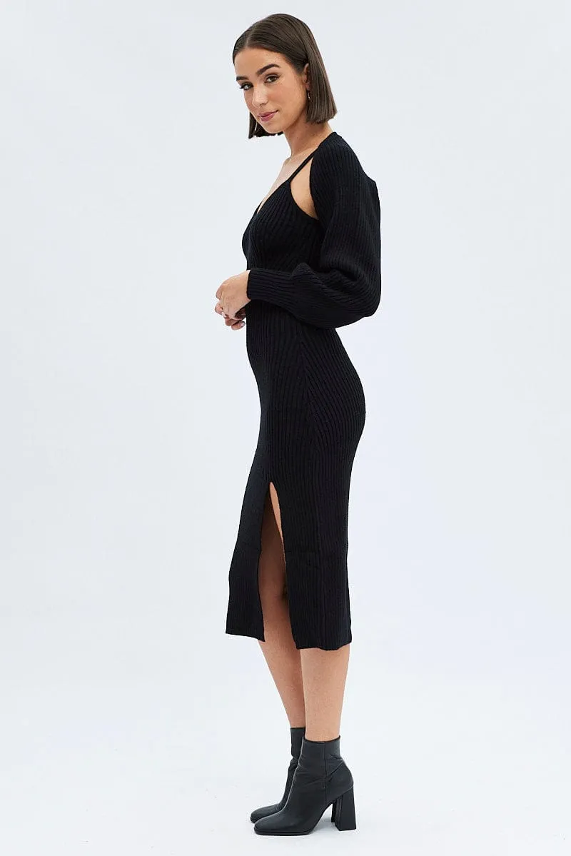 Black Knit Midi Dress And Shrug Set