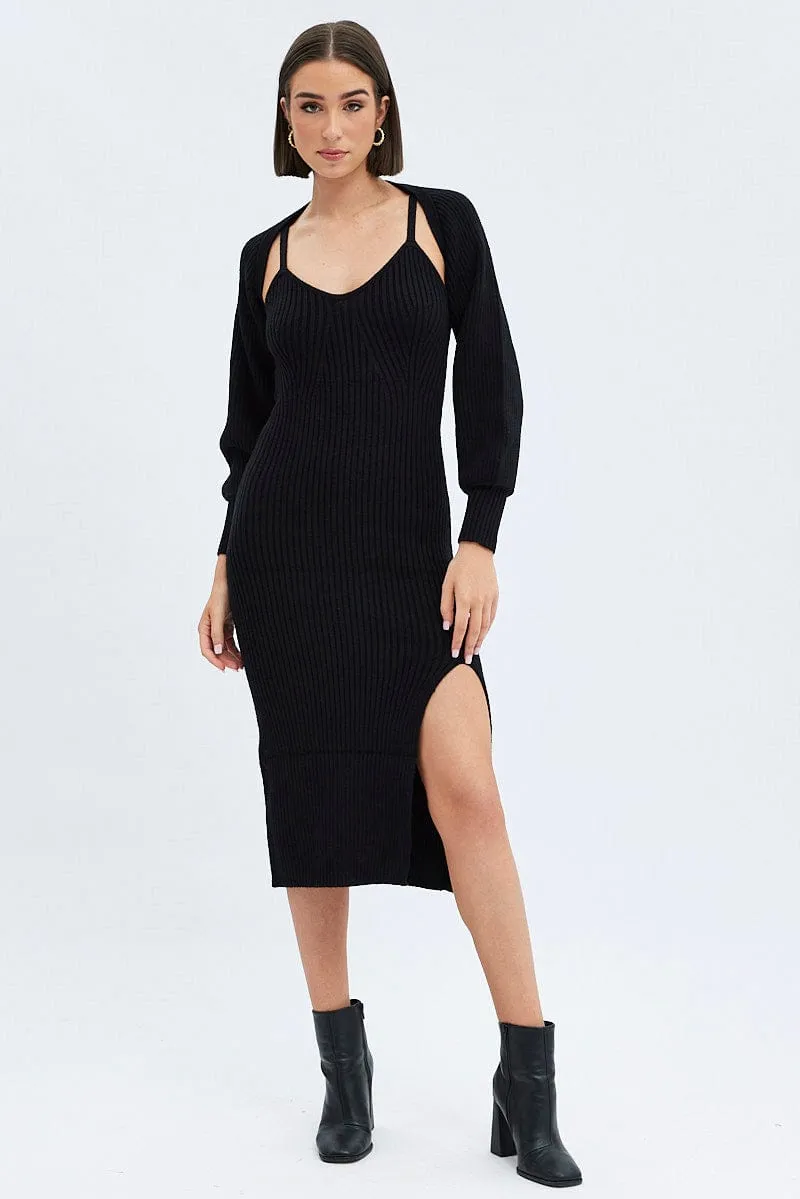 Black Knit Midi Dress And Shrug Set