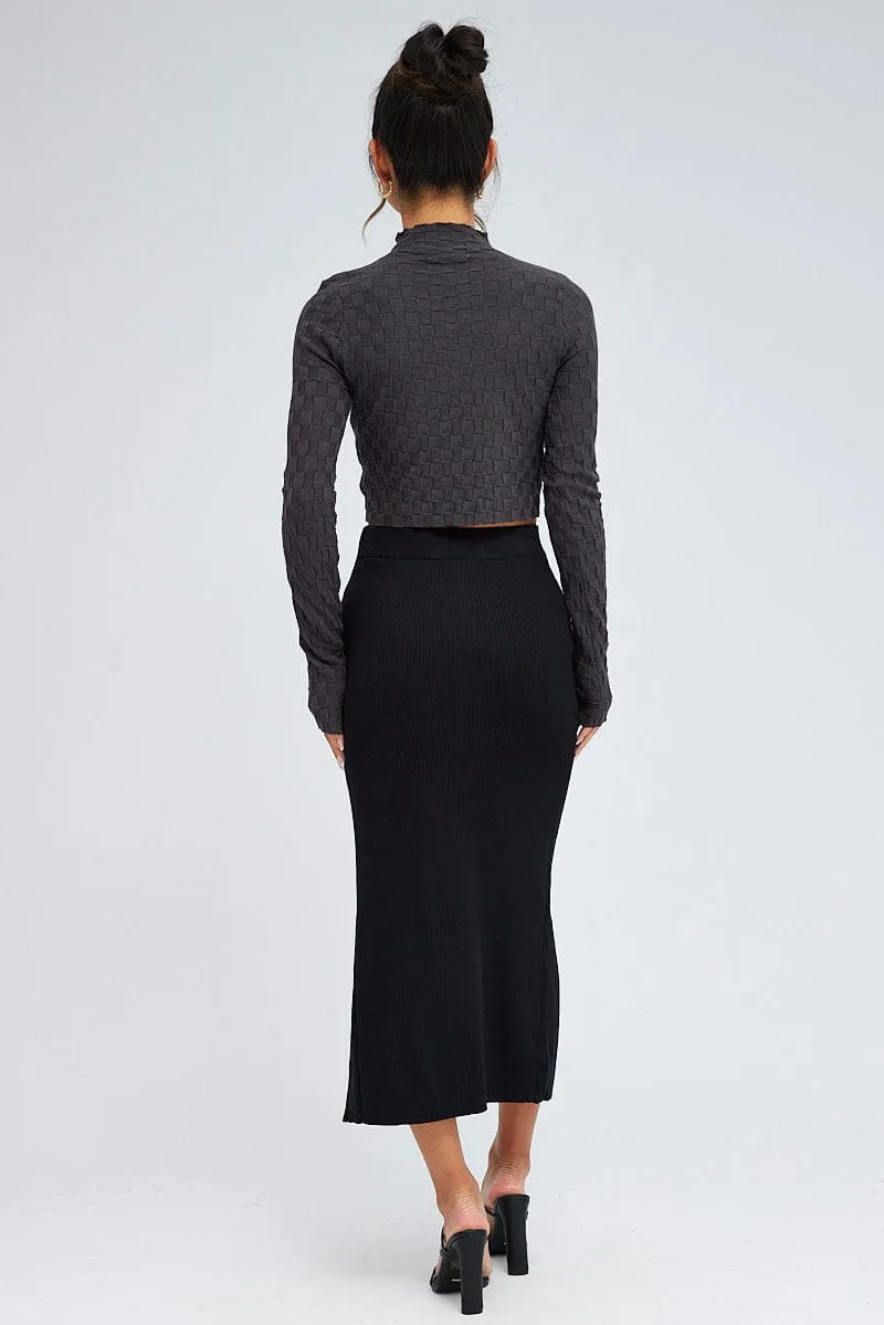 Black Knit Skirt Front Split High Rise