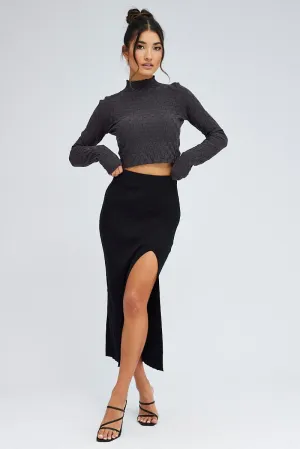 Black Knit Skirt Front Split High Rise