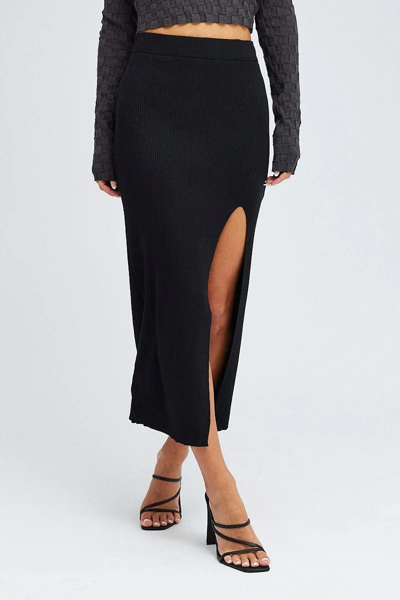 Black Knit Skirt Front Split High Rise