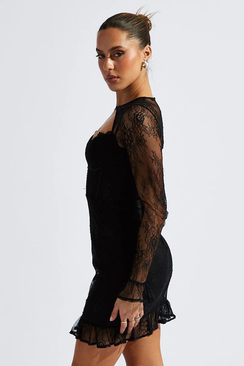 Black Lace Dress Long Sleeve Ruffle Cuff Corset Dress