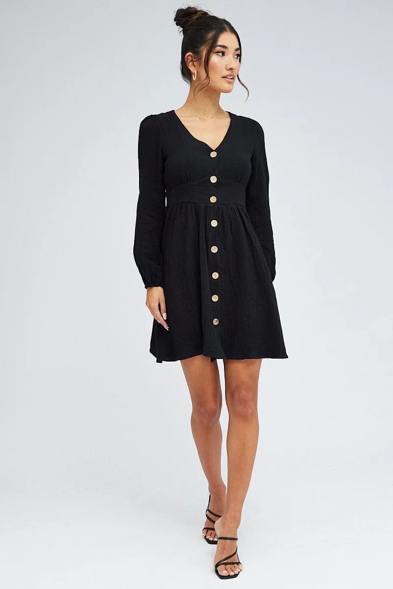 Black Long Sleeve Button Front Dress