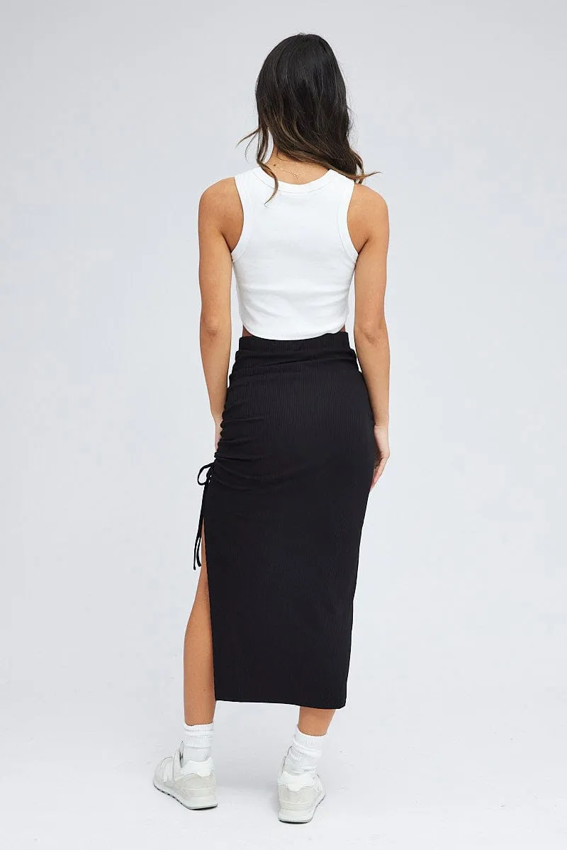 Black Midi Skirt High Rise Ribbed