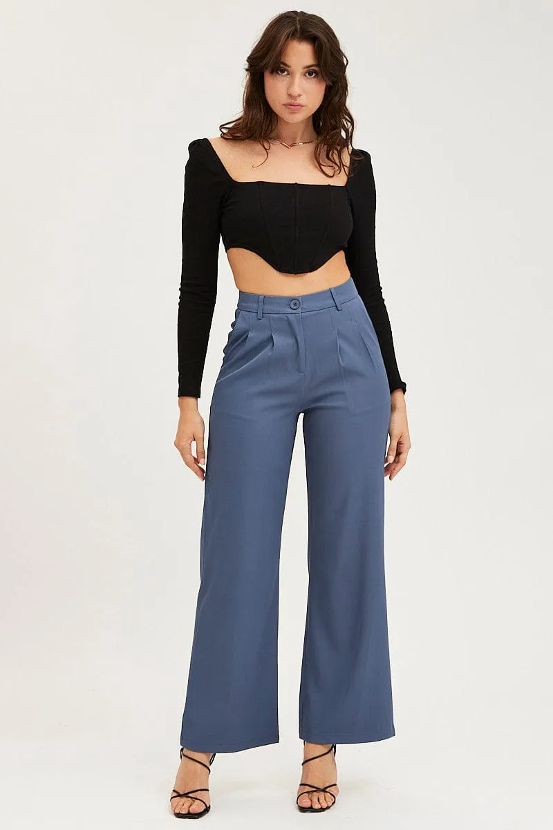 Blue Pants Pleats Detail Wide Leg