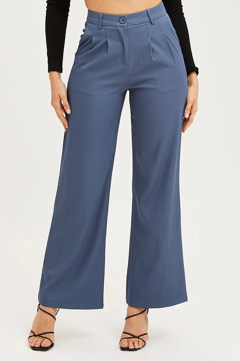 Blue Pants Pleats Detail Wide Leg