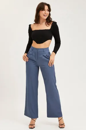 Blue Pants Pleats Detail Wide Leg