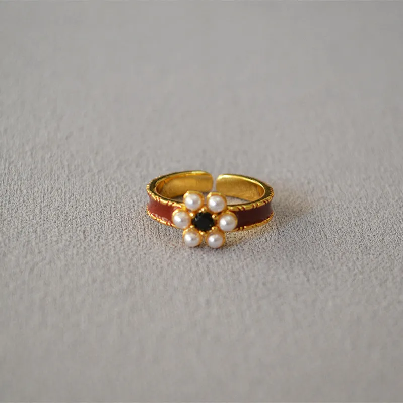 Bonor -plated retro Hong Kong style red enamel pearl flowers elegant palace wind opening can adjust the ring finger ring