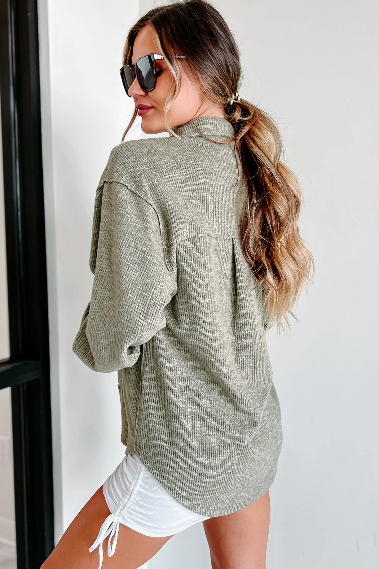 Brilliant Basic Ribbed Fleece Shacket (Olive)