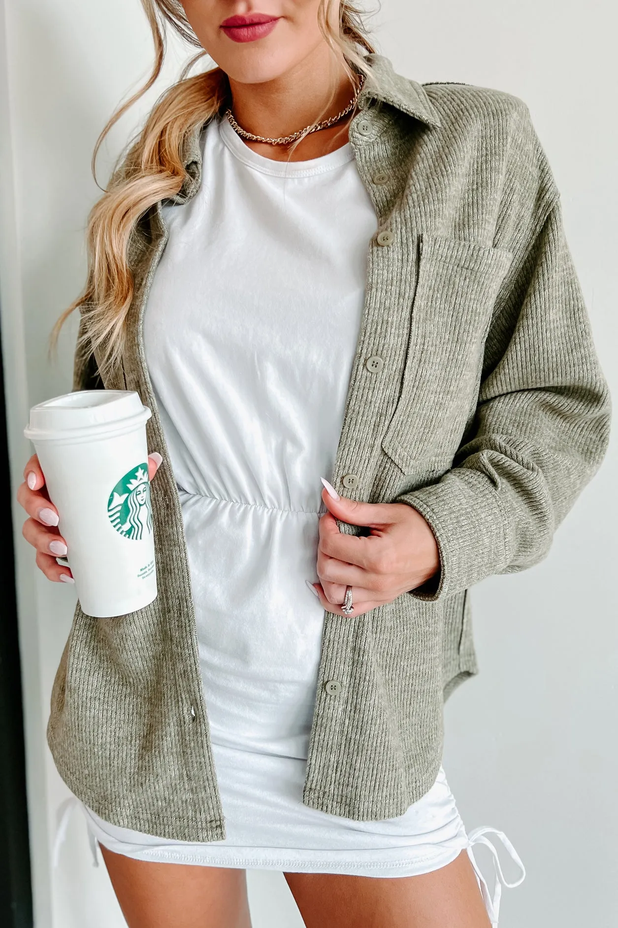 Brilliant Basic Ribbed Fleece Shacket (Olive)