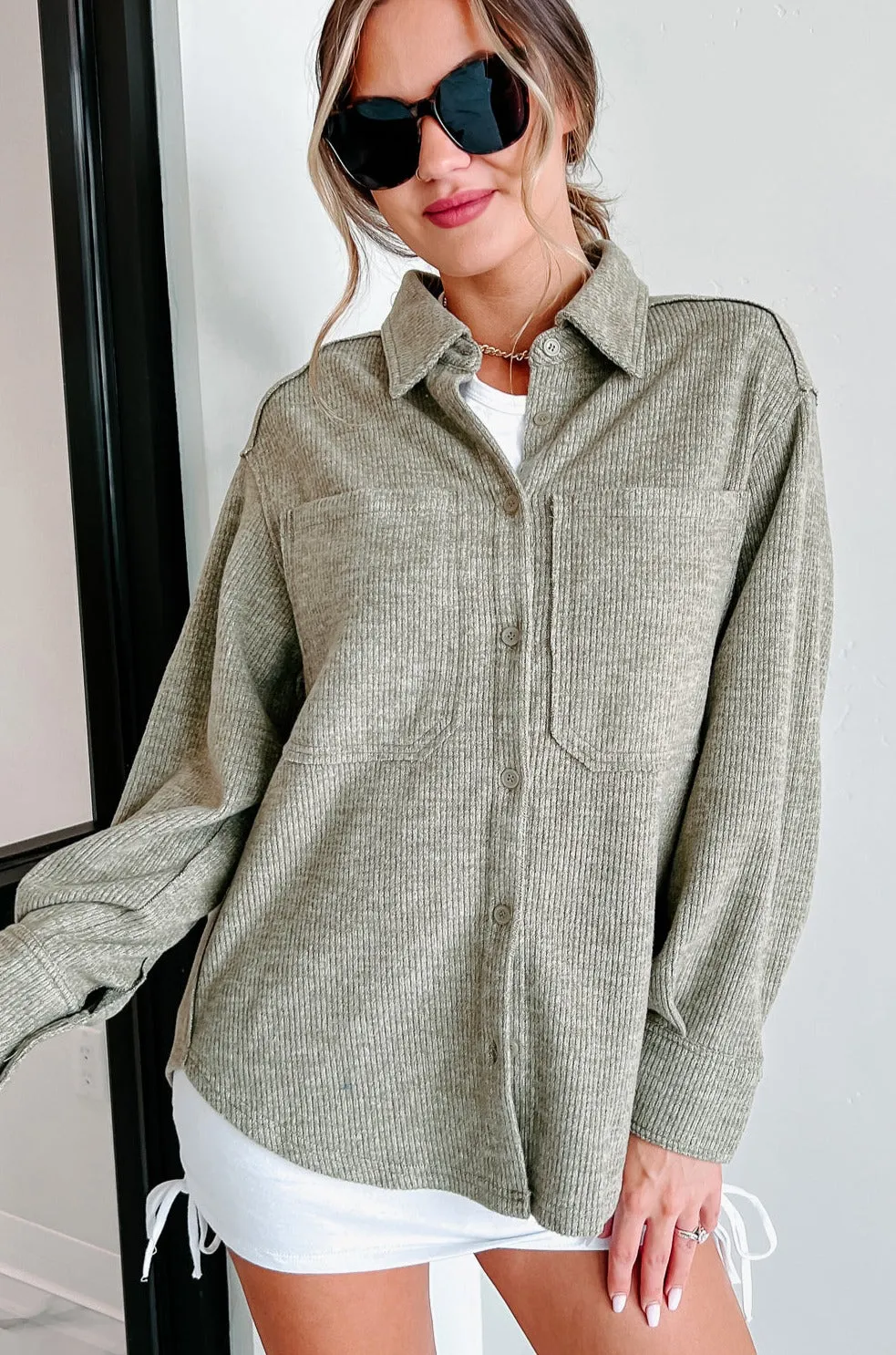 Brilliant Basic Ribbed Fleece Shacket (Olive)