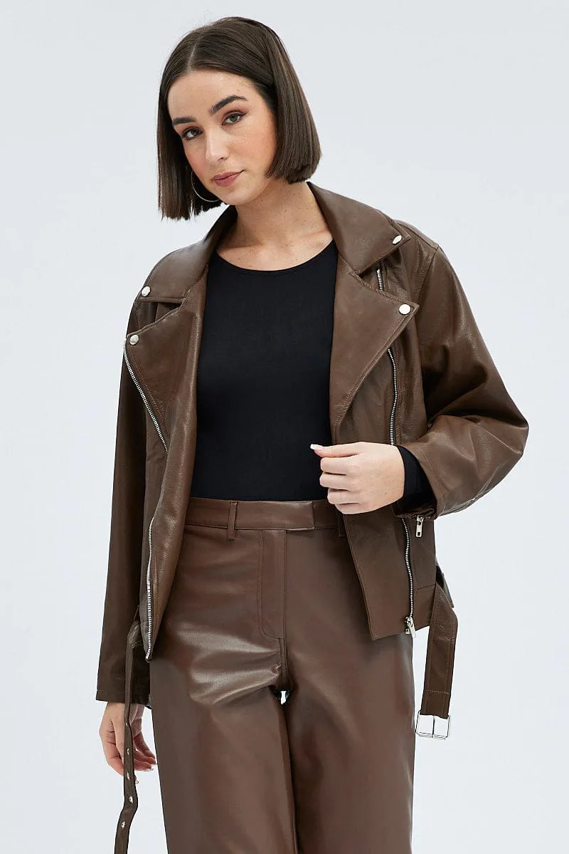 Brown Jacket Long Sleeve Collared Faux Leather