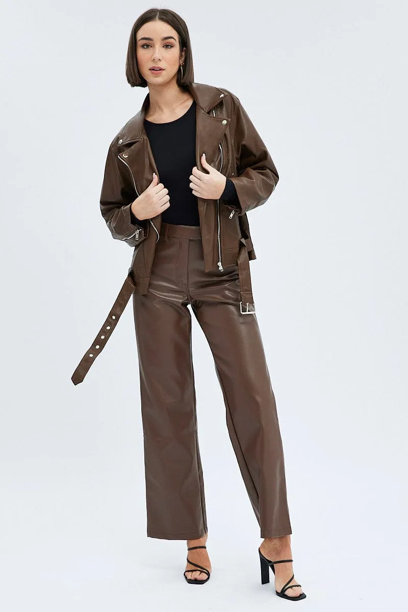 Brown Jacket Long Sleeve Collared Faux Leather