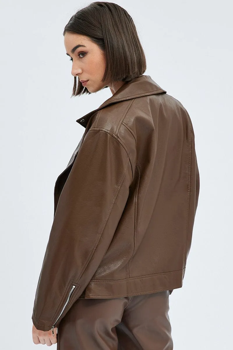 Brown Jacket Long Sleeve Collared Faux Leather