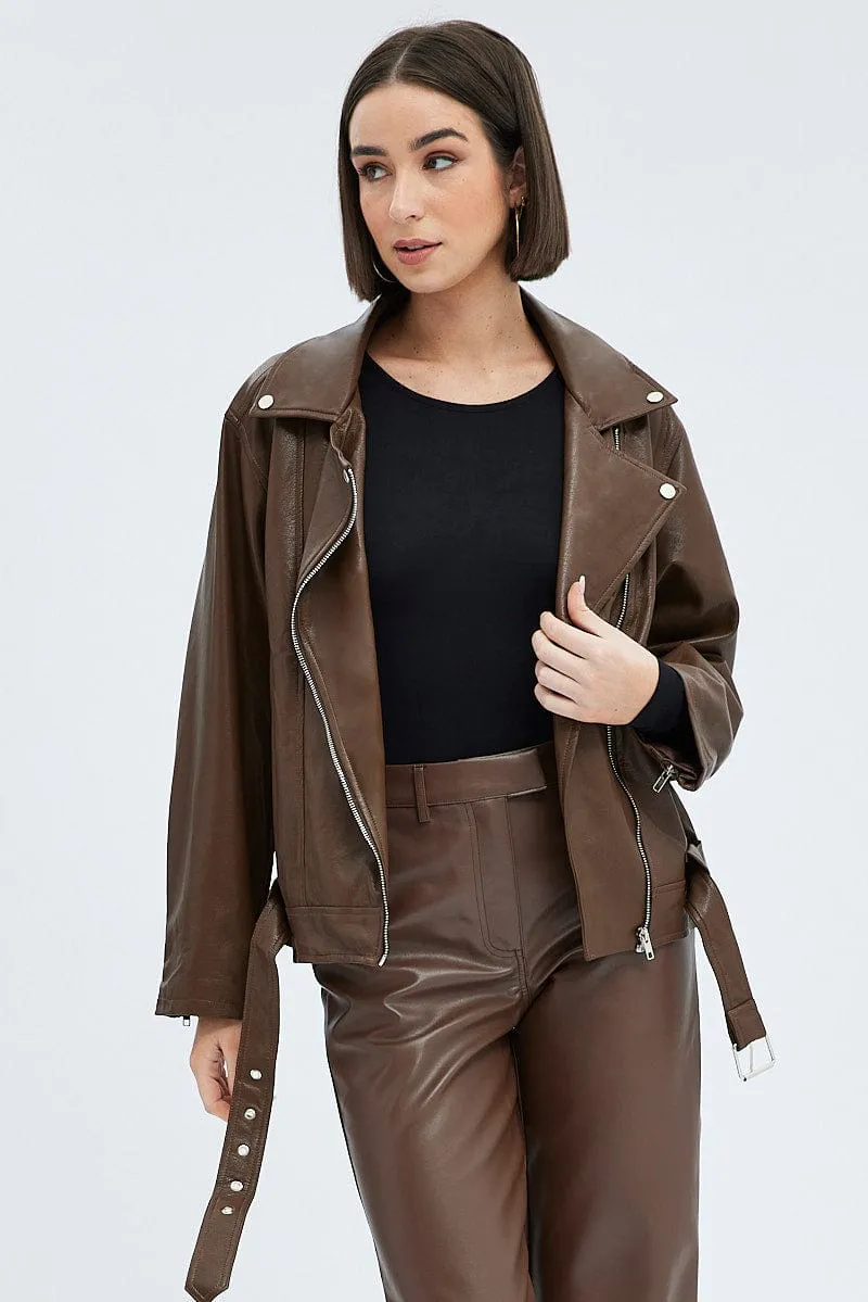 Brown Jacket Long Sleeve Collared Faux Leather