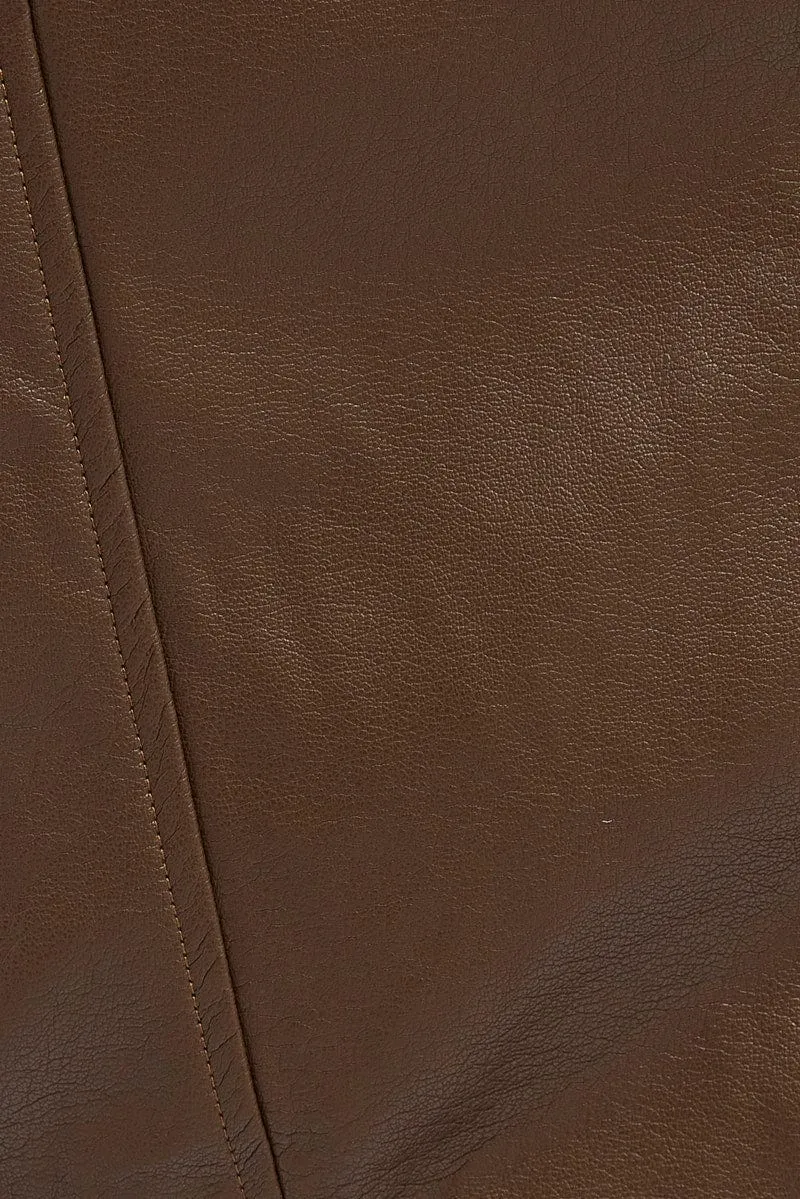 Brown Jacket Long Sleeve Collared Faux Leather