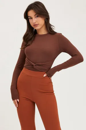 Brown Twist Front Bodysuit Long Sleeve